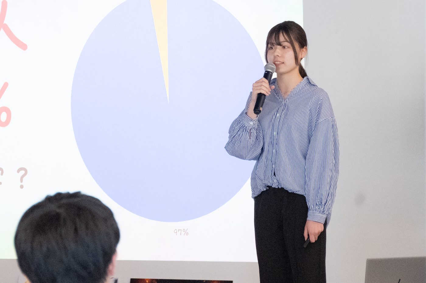 ステージでピッチをする学生
